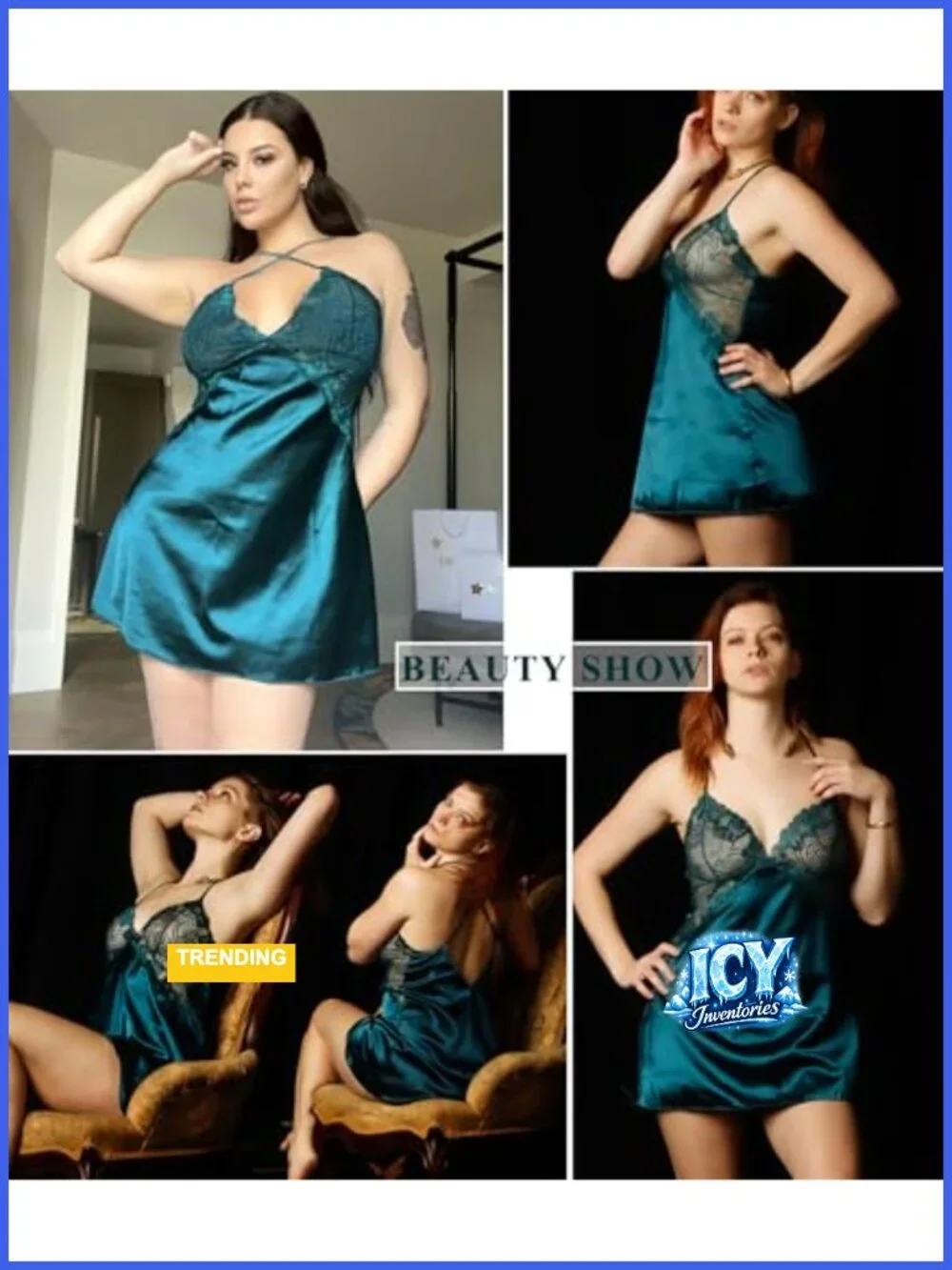 Satin Lace Chemise Babydoll Nightgown Lingerie V-Neck Sleepwear
